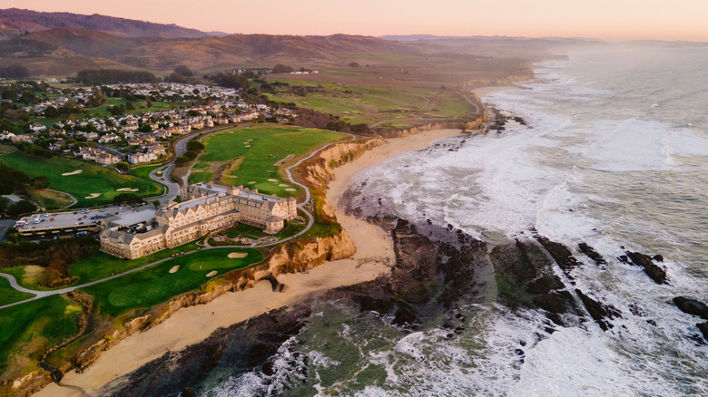 Aerial view of Half Moon Bay, California, at sunset