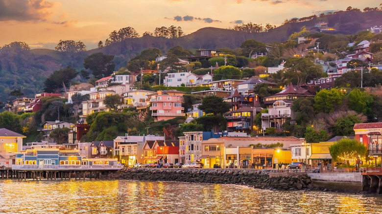 Hillside houses of Sausalito, California, at sunset, with water in the foreground