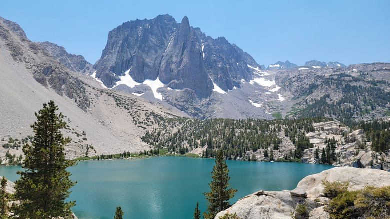 A turquoise lake in the Big Pine Lakes region of California, surrounded by rugged mountains