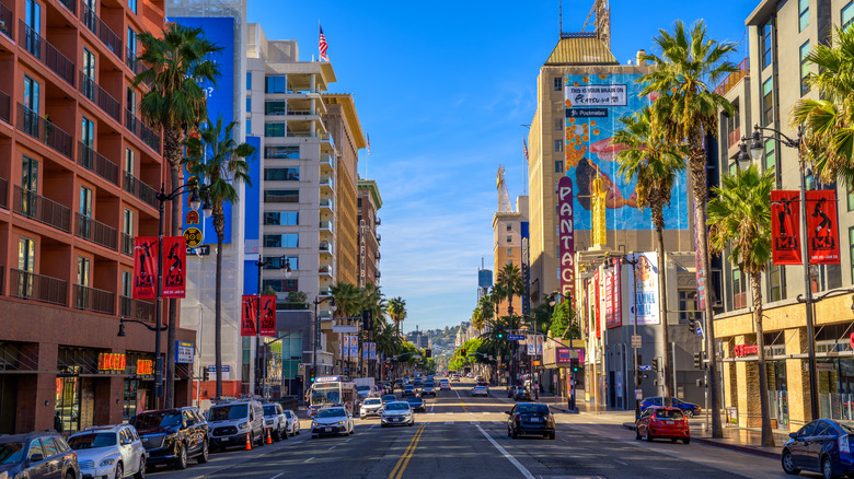 A street with buildings and palm trees on each side