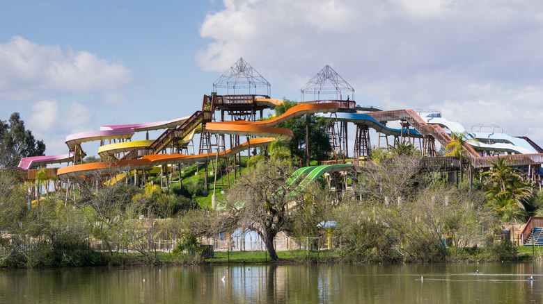 A waterslide at the former Raging Waters water park at Lake Cunningham Park in in San Jose, California