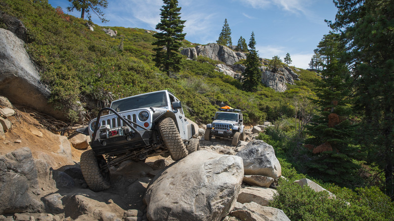 Jeeps navigate boulders along the Rubicon Trail in California.
