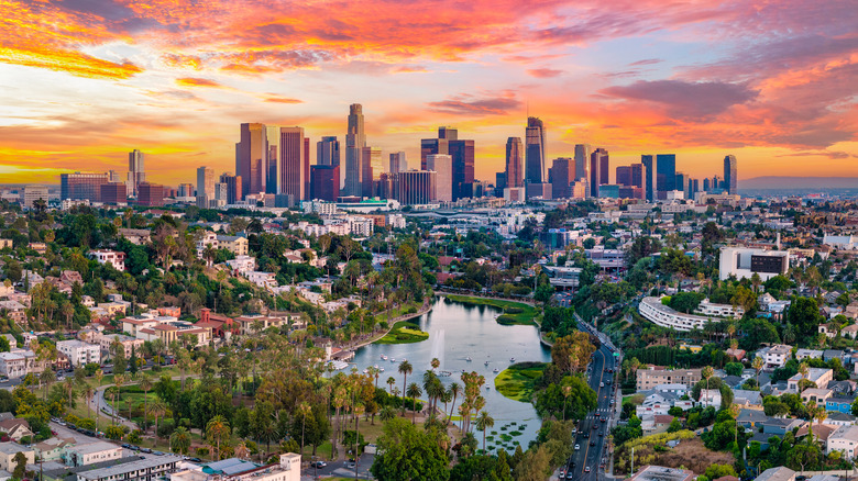 Aerial view of the LA skyline at sunset