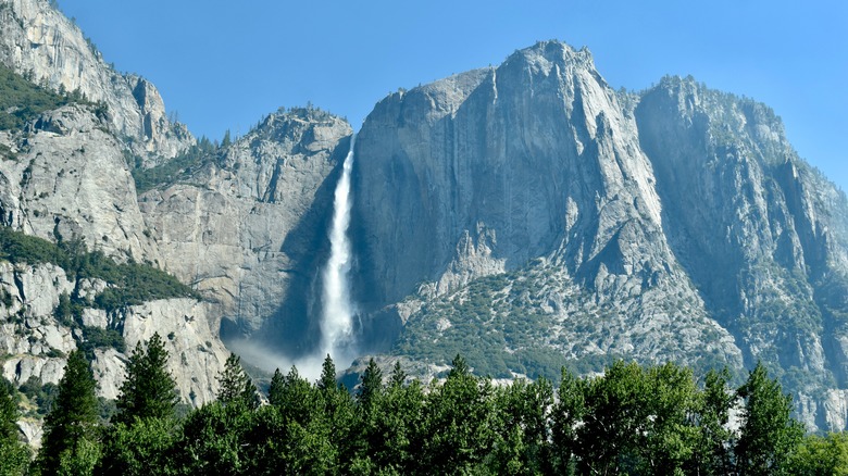 Long range view of Yosemite Falls in Yosemite National Park