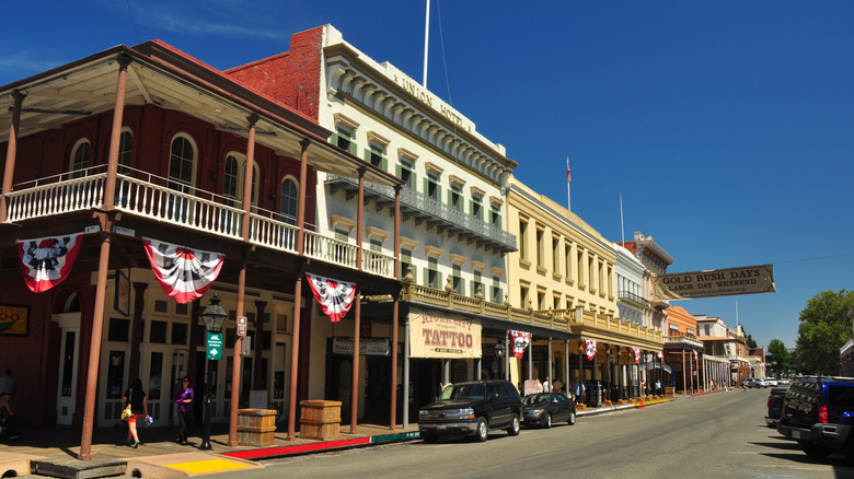 A block of historic, gold rush-era buildings in the Old Sacramento district of Sacramento, California