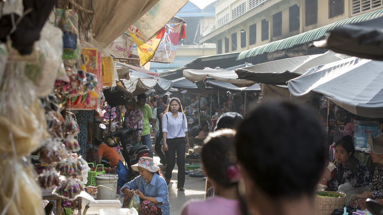 Busy market street in the colonial town of Battambang