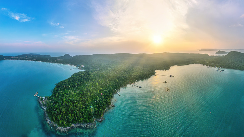 Aerial view of the tropical Koh Rong Island off the coast of Cambodia