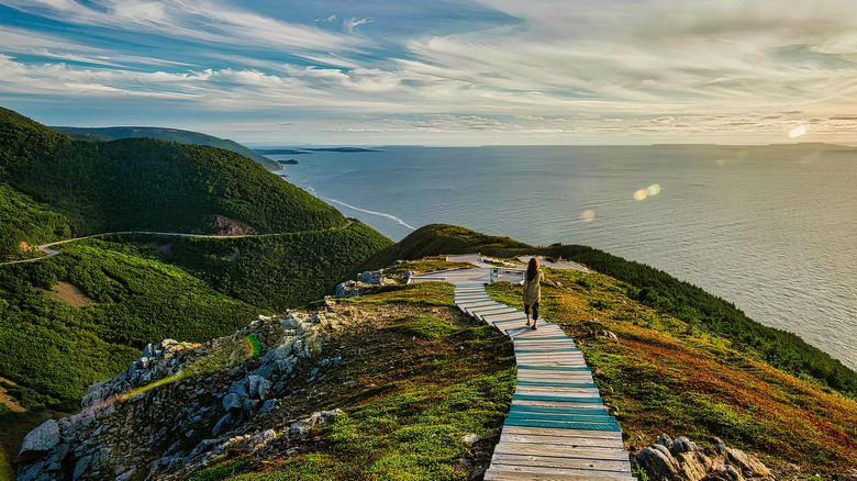 A woman walks along the boardwalk to the Skyline Trail lookout at sunset