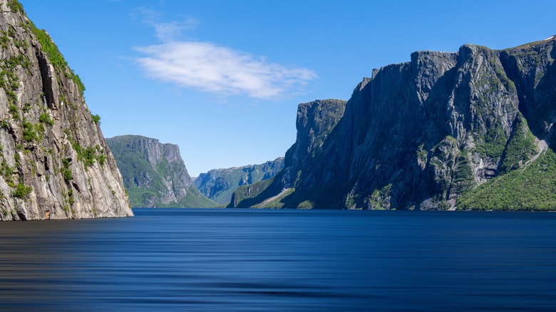 Western Brook Pond on a calm and sunny day
