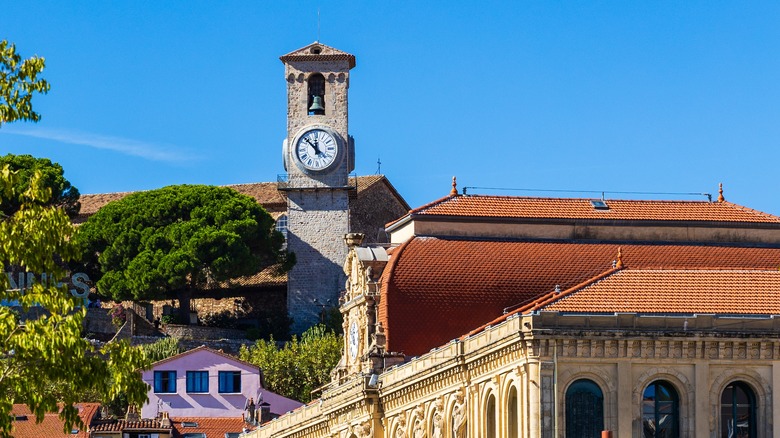Bell tower of the Church of Our Lady of Hope overlooking the rooftops of Cannes' Le Suquet district