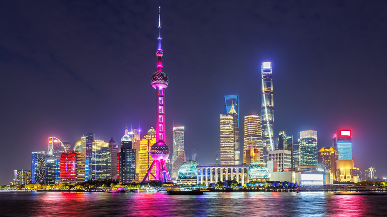 The Pudong area of Shanghai lit up at night