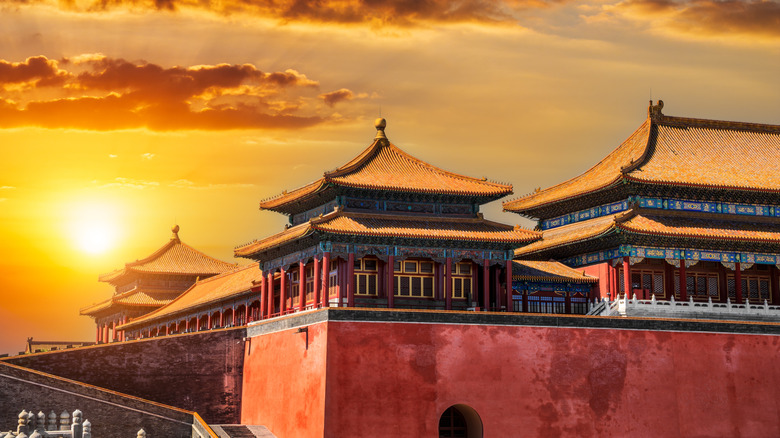The forbidden city in Beijing glowing at sunset