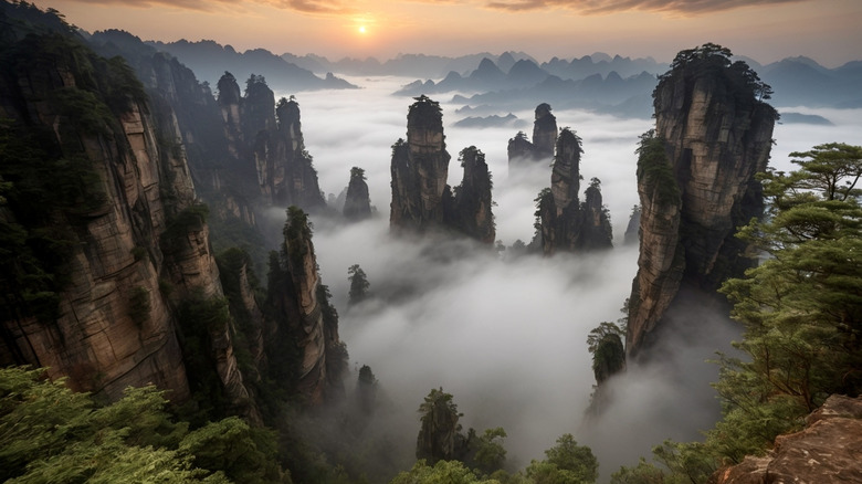 Panoramic view of Zhangjiajie National Forest Park at sunrise