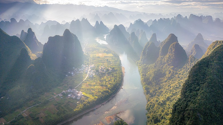 An aerial view of the karst mountains around the Li River, Giulin