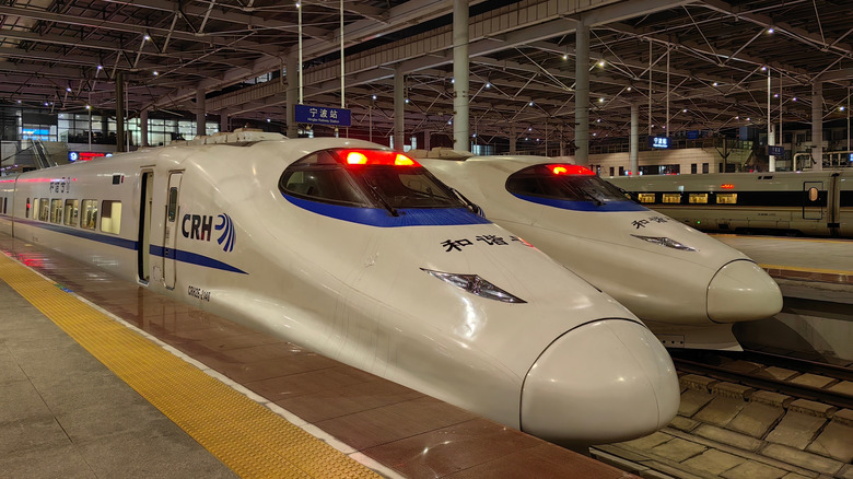 two of China's HSR High Speed Rail trains at Ningbo Station