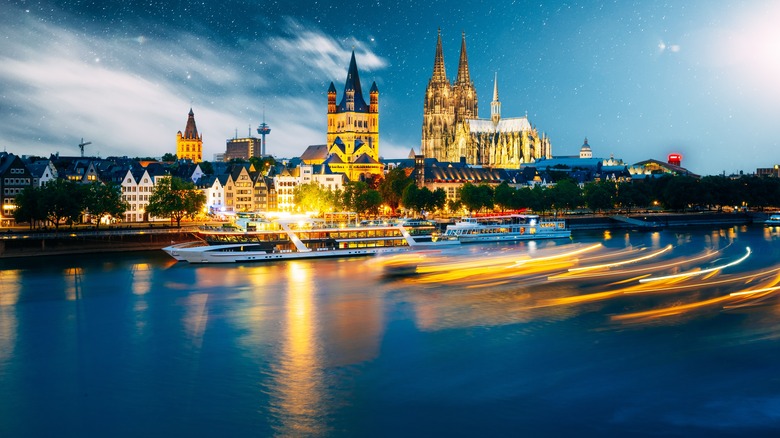Cologne Cathedral, Great St. Martin Church, and boats on the Rhine