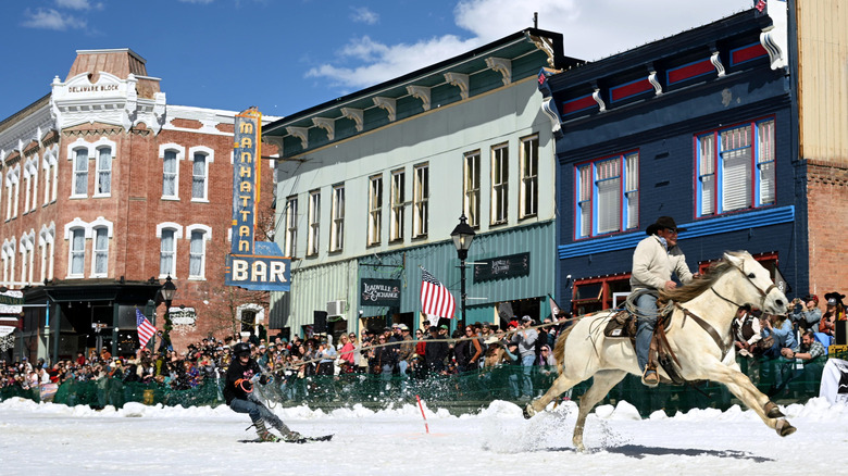 Contestants compete during the 76th Leadville Ski Joring event on March 2, 2025, in Leadville, Colorado