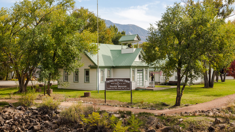 Exterior of 19th-century white buildings at Paonia Historic Park, Paonia, Colorado