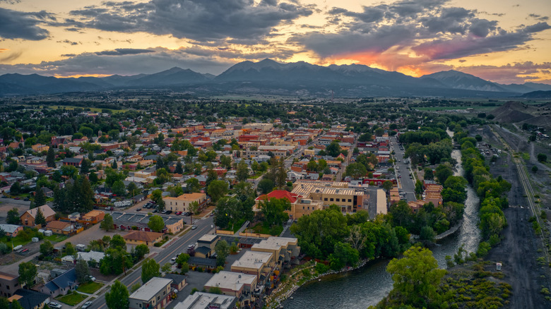 An aerial view of Salida, Colorado, with the Rocky Mountains in the background