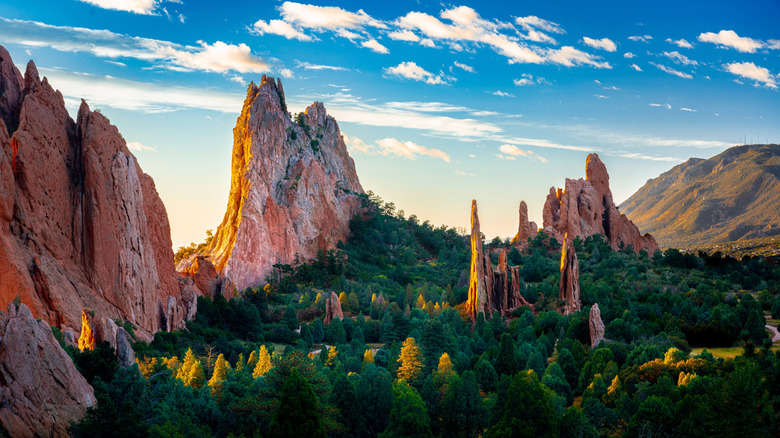 Sandstone spires in garden of the gods at sunset