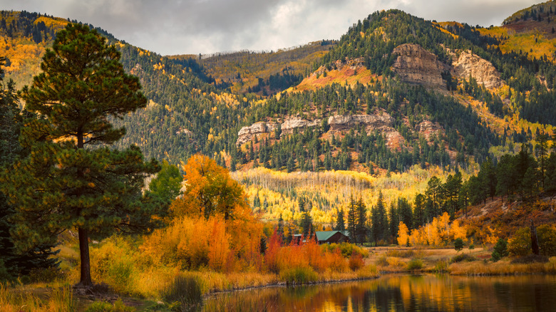 San Juan Mountains and lake during autumn with golden aspen trees and a small cabin visible.