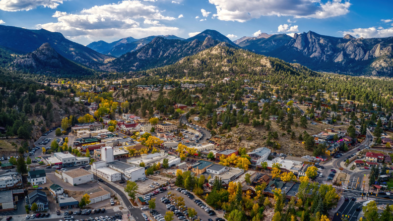 an aerial view of Estes Park, Colorado near Rocky Mountain National Park