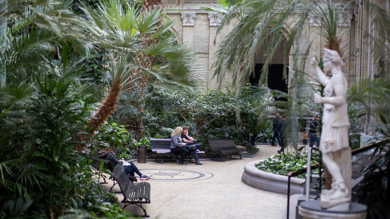 Two people sit on a bench in a lush greenhouse, Ny Carlsberg Glyptotek winter garden, Copenhagen