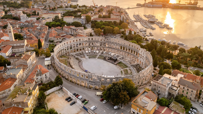 Aerial view of Pula Arena at sunset