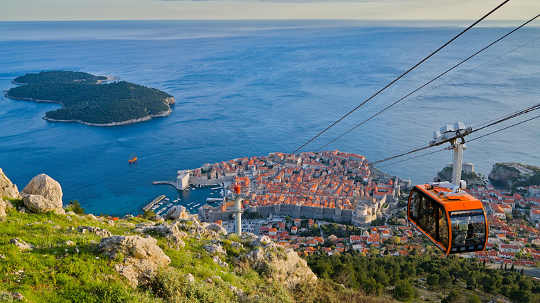 View of the Dubrovnik cable car traveling up Mount Srd