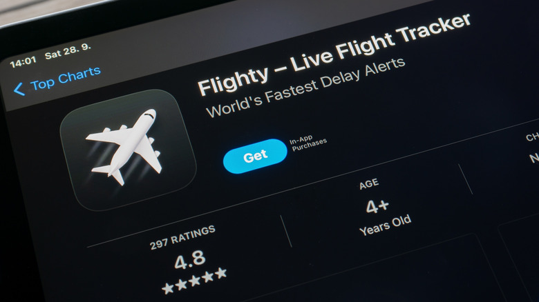 A screen offers the option to download the Flighty - Live Flight Tracker app.
