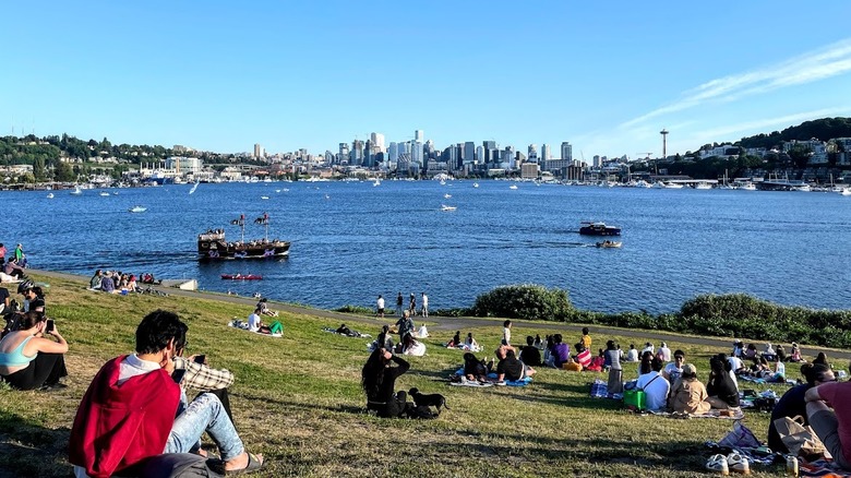 sloped green hill leading to water with skyscrapers in the distance