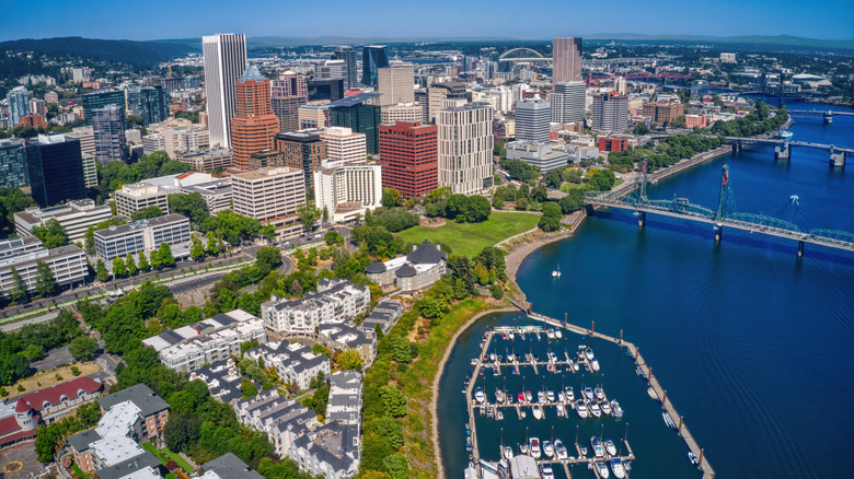 aerial view of a city with boat docks and bridges
