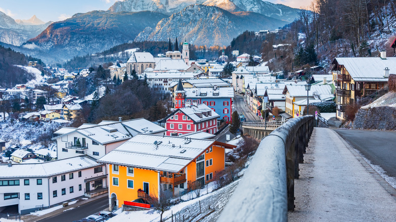 Berchtesgaden buildings covered in snow during winter