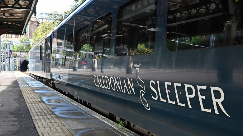 A Caledonian Sleeper train in Waverley Station in Edinburgh, Scotland