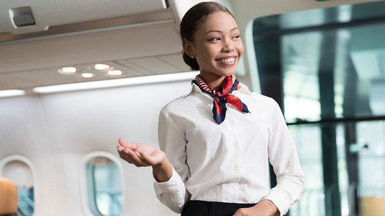 A female flight attendant smiling aboard airplane