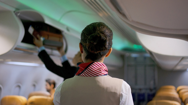 A flight attendant pictured from behind during the boarding phase of a flight.