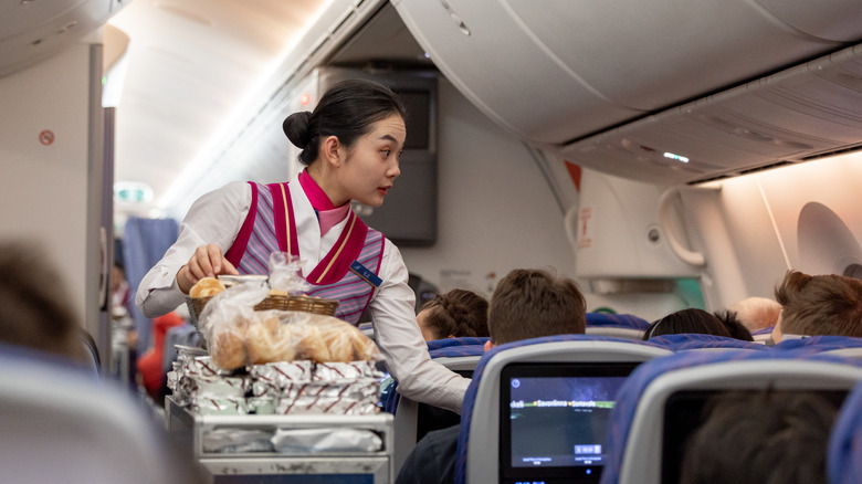 A flight attendant is seen offering meals and snacks speaking with passengers during a flight.