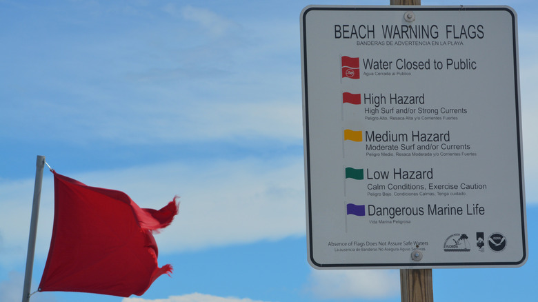 Beach warning sign and a red flag