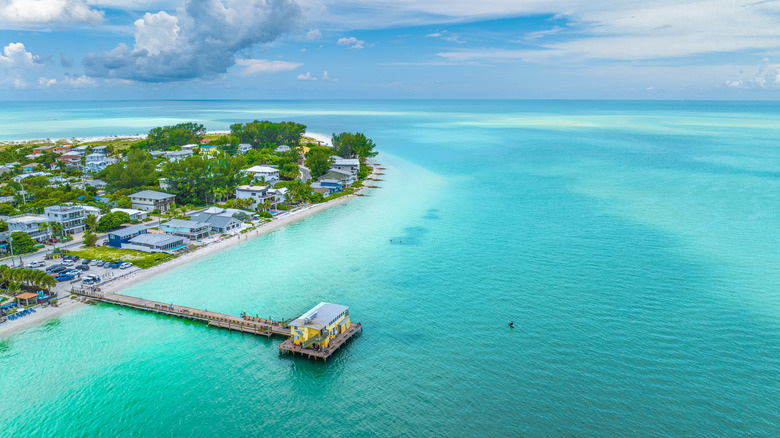 An aerial view of a fishing pier in Anna Maria Island, Florida