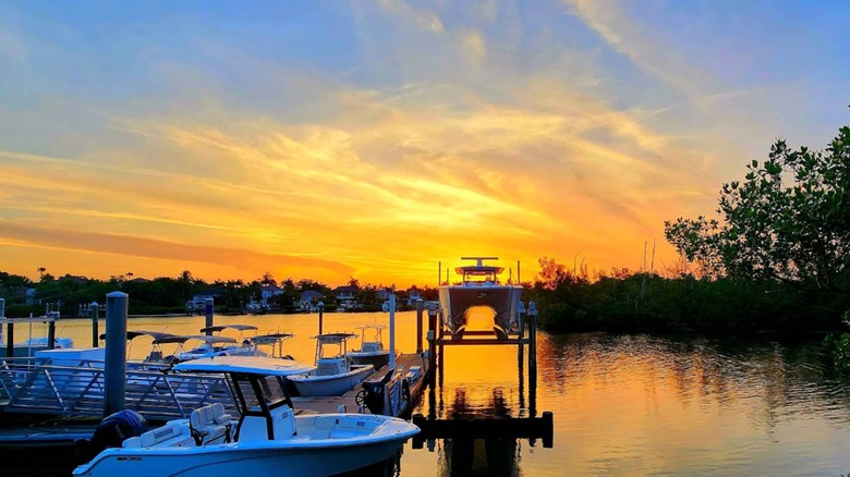 Sunset over the marina at Harbourside Place in Jupiter, Florida