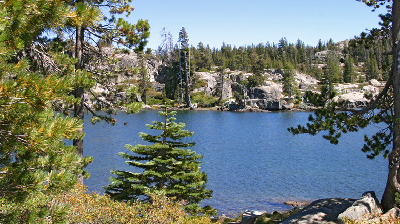 One of the three Loch Leven Lakes in California's Sierra Nevada Mountains on a sunny day