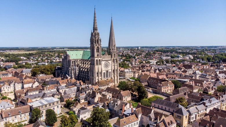 An aerial view of Chartres Cathedral in Chartres, France