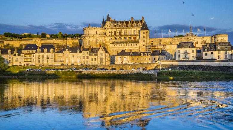 View of the Château Royal d'Amboise on a hill with a river in foreground