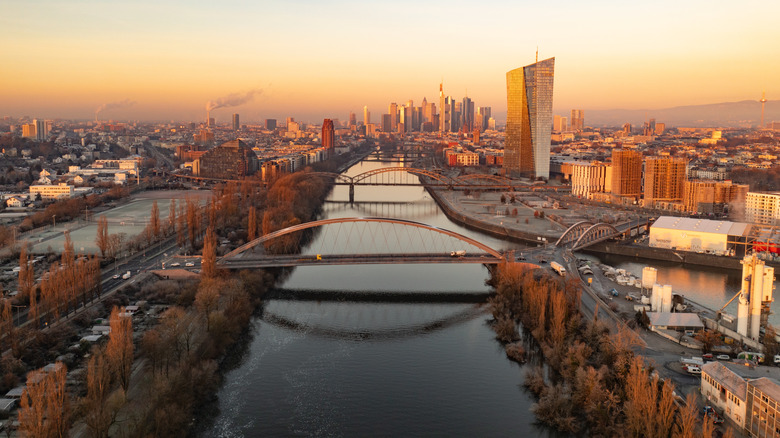 Aerial shot of Frankfurt over Main River at sunset