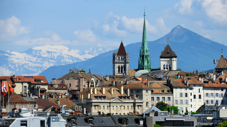 View of St. Pierre's spire rising over Geneva's Old Town district