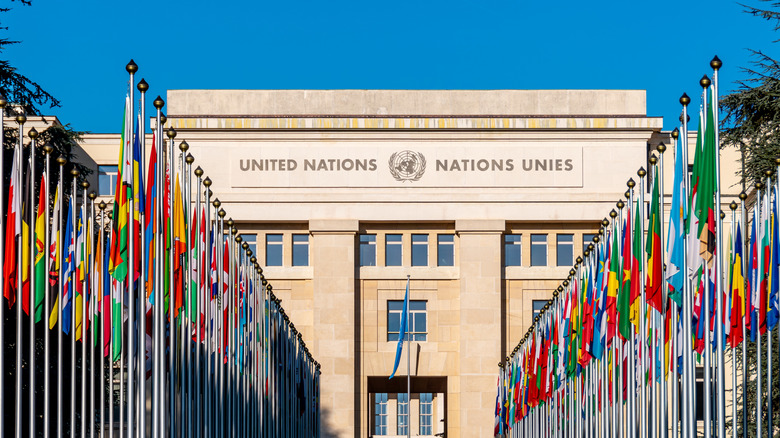 Alley of Flags leading to the United Nations Office in Geneva