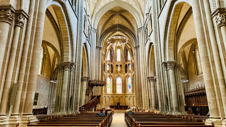Interior of Saint Pierre Cathedral's stone archways