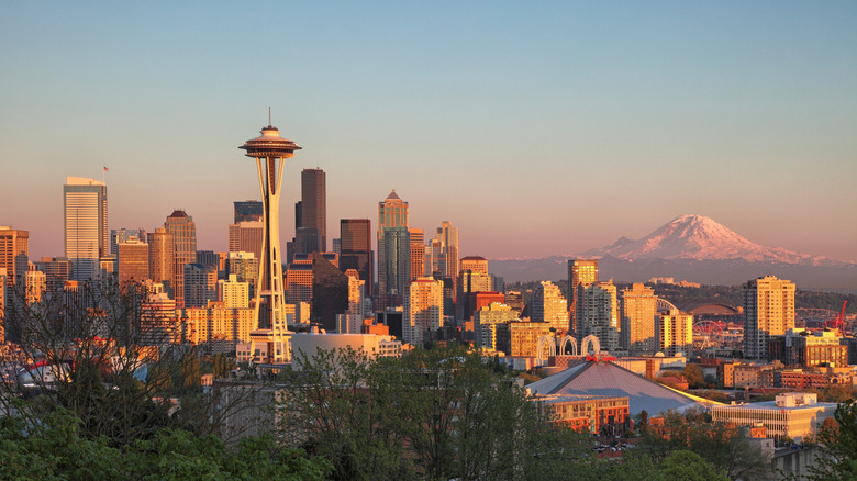 the Seattle skyline and Mount Rainier in the background