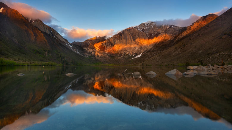Mountains reflecting in Convict Lake at sunrise
