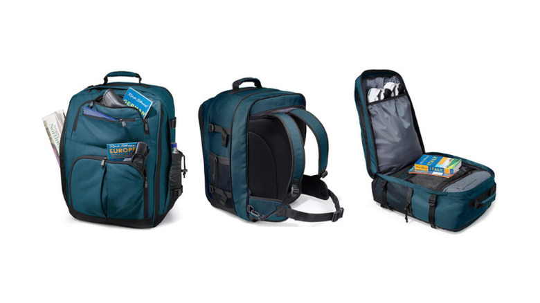 Three different views of the Rick Steves Carry-On Backpack on a white background